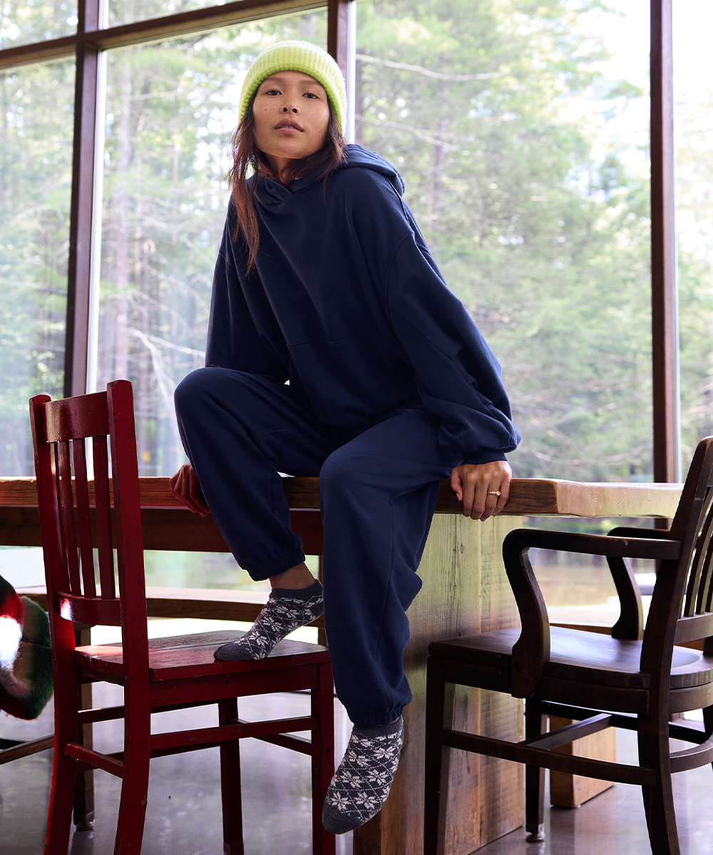 Woman in matching loungewear set from Aerie.