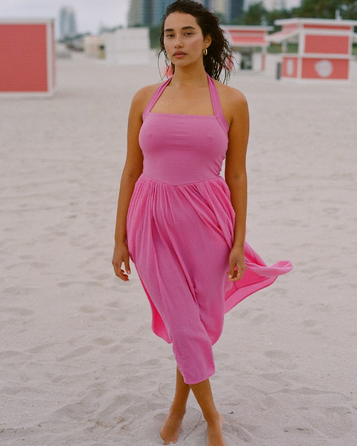 Woman in pink Aerie sundress.