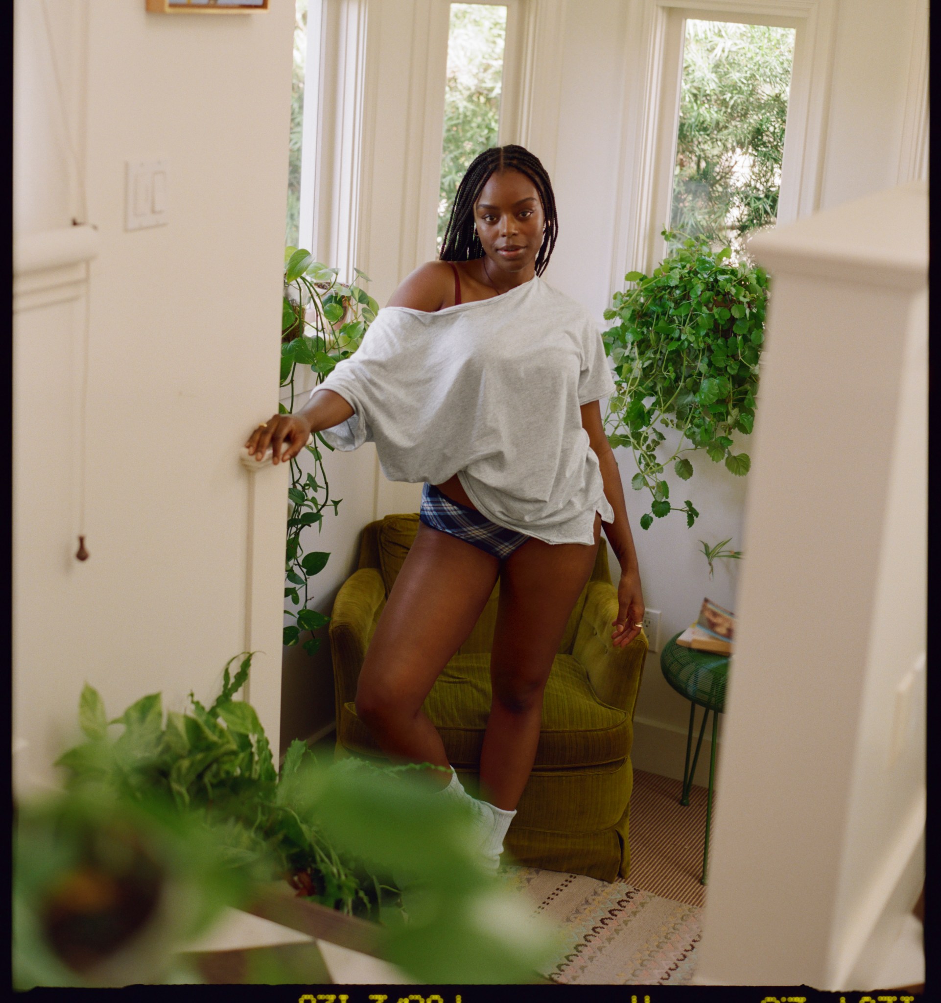 Woman wearing cotton pajamas from Aerie.