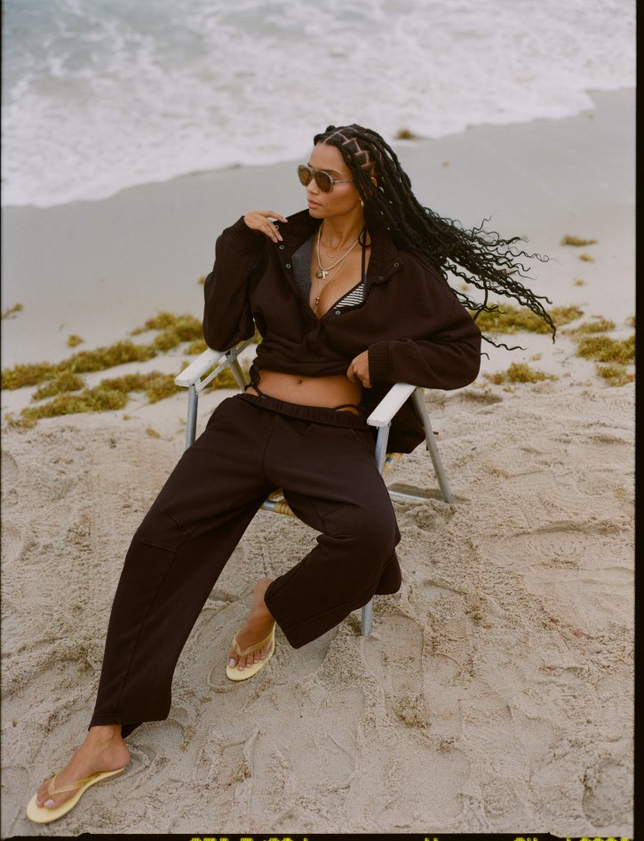Woman wearing dark Aerie matching loungewear set.