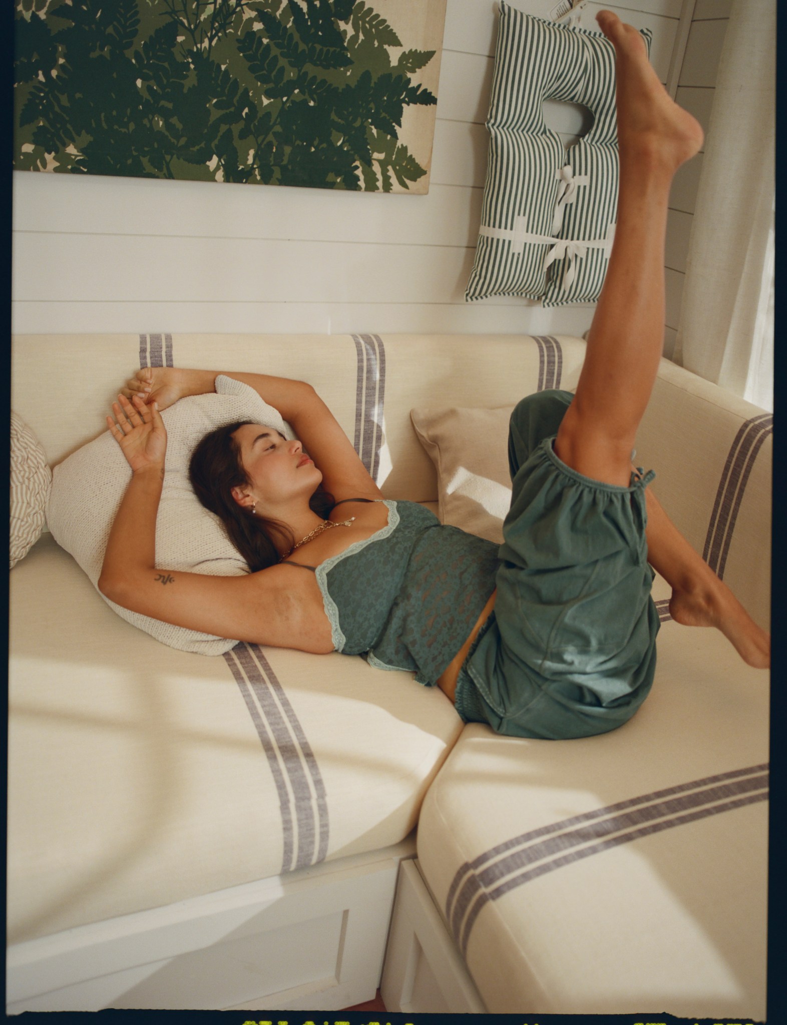 Woman in a green matching set. 
