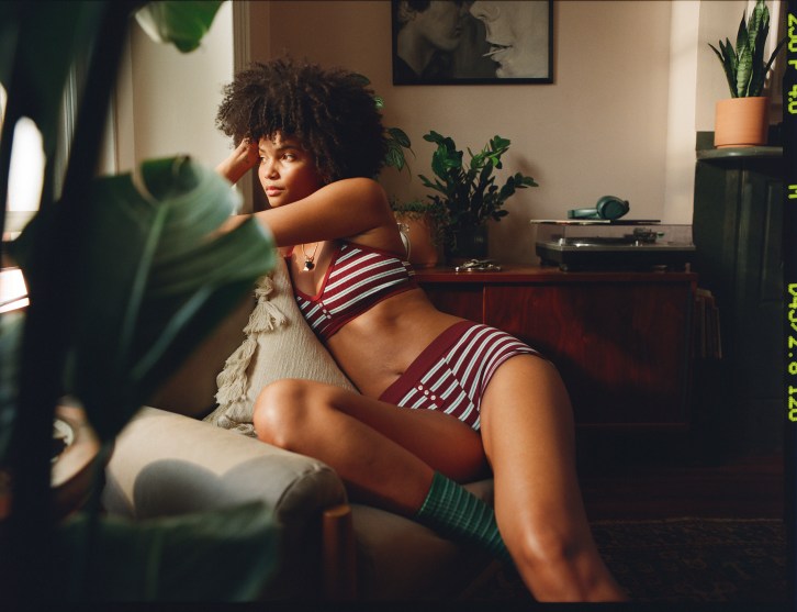 Women wearing maroon underwear and bralette.
