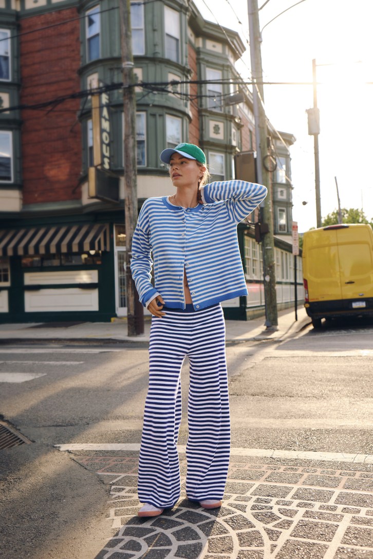 Woman wearing a striped matching set.